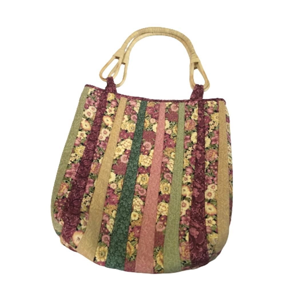 Vintage Extra Large Handmade Quilted Scrap Tote Handbag Purse Bamboo Handle